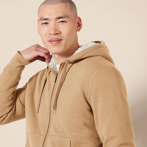 Amazon Essentials Hoodie For Men, Sherpa-Lined Full-Zip Fleece Sweatshirt, X-Small, Camel Heather image 3