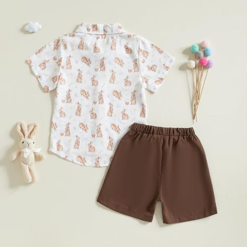 Image of Owl's-Yard Baby Boy Easter Outfits Rabbit Carrot Short Sleeve Button Down Shirts and Solid Color Shorts 2 Pcs Summer Set