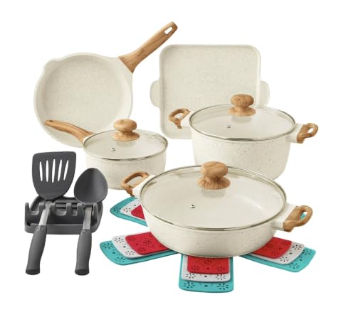 Pioneer Woman Prairie Signature 14-Piece Cast Aluminum Cookware Set Linen Speckle
