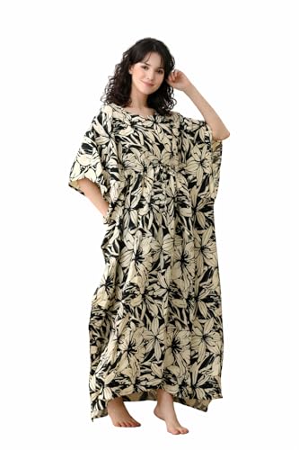 Image of Ichaa Women's Pink Rayon Printed Round-Neck Kaftan-Style Free Size Nighty with Drawstring