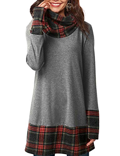 YOUCOO Cowl Neck Tunics Long Sleeve Patchwork Form Fitting Casual A-Line Top Blouse