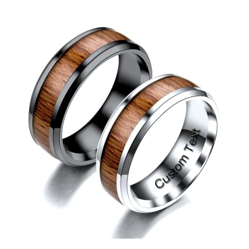 Customize Wood Leaf Pattern Couples Rings Promise Ring Inside Can Engraved Band Rings Wedding Bands Stainless Steel 8mm 6-13#