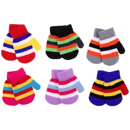 Happyyami 6 Pairs Children Full Finger Winter Gloves Warm Knitted Mittens Colorful Stretchy Gloves for Boys Girls Ideal for Home and Outdoor Playing