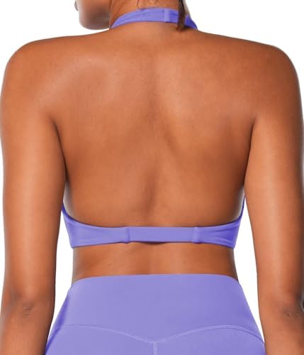 Sunzel Women's Halter Neck Sports Bra, Twist Front Yoga Crop Top with Removable Pads, Open Back V Neck Bra for Gym Workout