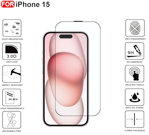 Image of Premium Tempered Glass Screen Guard Compatible With iPhone 15 (6.1 Inch) | 9H Hardness | Edge to Edge Protection | Anti Scratch | Bubble Free Installation | HD Clear