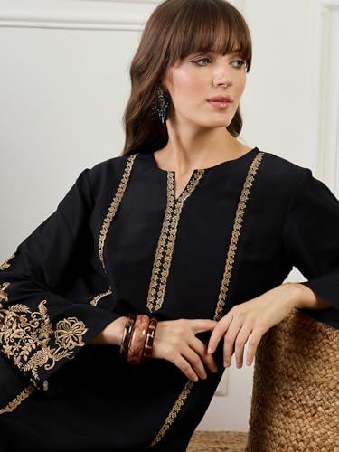 Image of INDO ERA Women's Silk Blend Floral Embroidered Straight Kurta & Pant Set (IESTR11531)