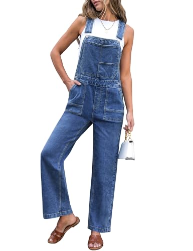 Luvamia Women's Loose Fit Blue Jean Overalls - Denim Bib Dungarees Jumpsuit - Medium Blue, Large US Size 12-14