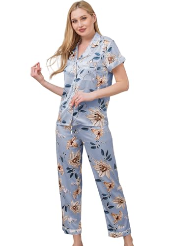 Image of WJing Yi Jia Womens Pajamas Set XS-4XL Floral Silk Satin Pajama Sets Silky Pj Sets 2Pcs Loungewear Sleepwear Button Down Pjs