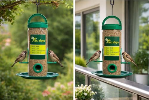 Image of Bird Feeder for Garden & Balcony (Pack of 2) | Hanging Seed Feeder with Tray | Outdoor Bird Feeding Container for Sparrows & Small Birds