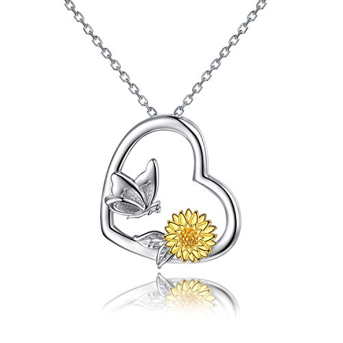Daisy Sunflower Butterfly Necklace TRISHULA 925 Sterling Silver You are My Sunshine Love Heart Pendant Butterfly Jewelry Gift for Girlfriend and Mom