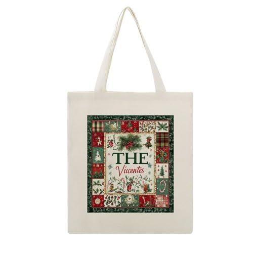 Tote Bag Canvas Christmas Themed Monogram Name Personalized Reusable Shoulder Tote Bag Gift for Shopping Gym