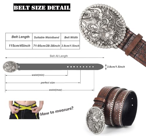 Womens-Western-Belt Rhinestone-Cowboy-Cowgirl Belt - Embossed PU-Leather Belt with Diamond Flower-Buckle(for 28-38'')2