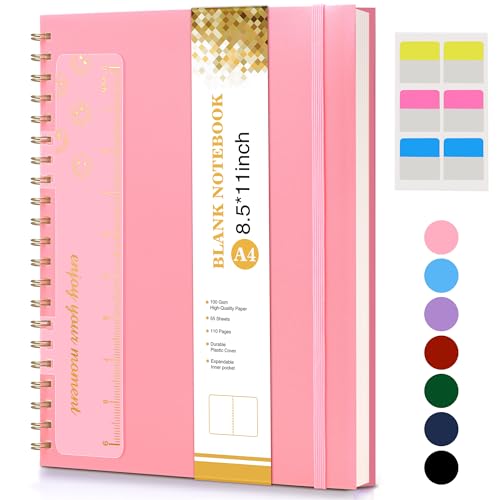Blank Spiral Notebook Journal 8.5” x 11”, A4 Large Pink Sketch Book for Women Men, 100 GSM Blank Paper Drawing Notebook, Plastic Hardcover Spiral Bound Sketchbook for Sketching Work School Writing