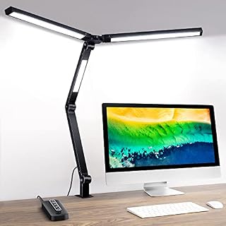 LED Desk Lamp, Eye-Caring Three Light Source Desk Light with Clamp, 1000 Lumens 4 Color Modes & 4 Brightness Swing Arm Lamp, Clip-on Architect Lamp with USB Charging Port, 1H Timer, Memory Function