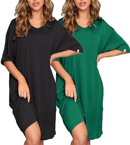 Image of ft FENTENG 2-Pack Women's Nightgowns Short Sleeve Nightshirt V Neck Soft Sleepwear Casual Sleepshirts Loose Pajama Dress