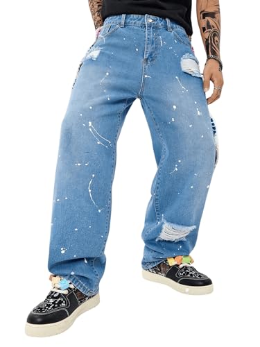 Men's Floral Crochet Baggy Jeans Ripped Distressed Jeans Hip Hop Straight Leg Denim Pants Streetwear4