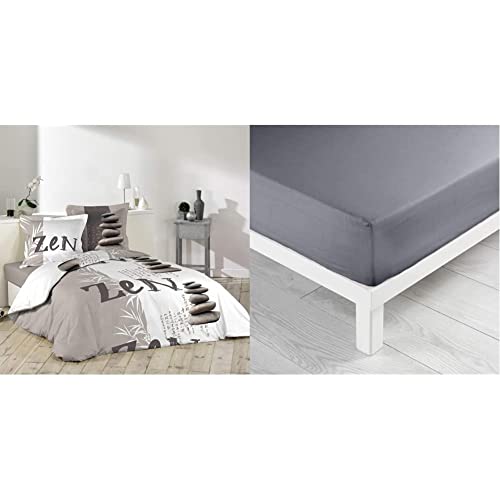 Douceur d'intérieur 1641550 Galets Zen Parure avec 2 Taies d'oreillers Coton Multicolore 240 x 220 cm & Douceur d'intérieur 1640653 Drap Housse Uni Coton 57 Fils Gris Souris 140 x 190 cm
