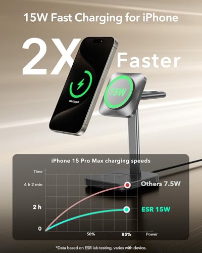 Image of ESR 3 in 1 Wireless Charging Station, [Certified] Apple Watch Charger & 15W MagSafe Charger Stand for iPhone, Wireless Charger for Multiple Devices iPhone 17-12&Watch&AirPods, Grey