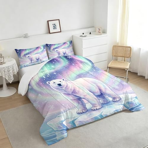 Image of Polar Bear Comforter Set King Size, Wild Animal Bedding Set for Kid Teen Boy Girl Adult, Northern Lights and Snowflake Print, Bedroom Decor 1 Comforter 2 Pillowcases