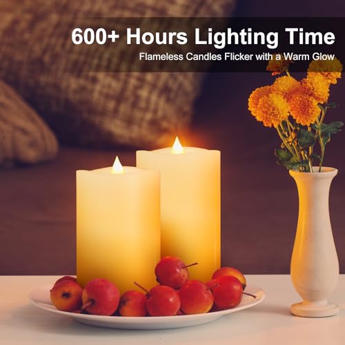 Image of 2PCS, 3 x 5 inches Flameless Candle with Remote Control, 3D Flickering Wick, Real Wax,with Timer,Battery Operated Candles,for Holiday Home Decor,Ivory