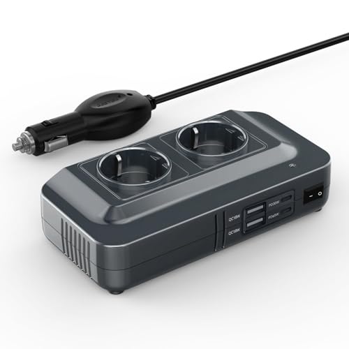 BESTEK - Convertidor de 12 V, 220 V, 230 V, 200 W, Transformador de tensión, 4 Puertos USB y 2 enchufes UE, Cargador de Coche para Camping con múltiples Protecciones y Soft Start
