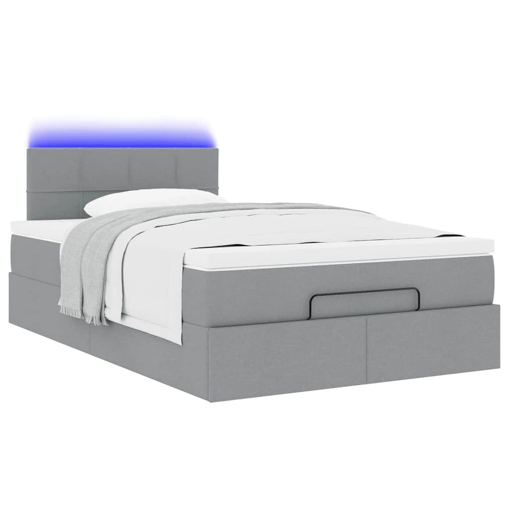Pouf letto con materasso in tessuto grigio chiaro 120x200 cm con contenitore e LED regolabili per spazio soggiorno camera ospite