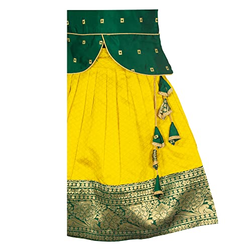 Image of Girls' Readymade Green and Yellow Woven Lehenga Choli Set(Green)