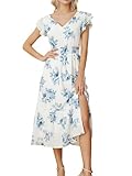 Womens Summer Floral V Neck Ruffle Sleeve Dress A-Line Swing Floral Tiered Wedding Cocktail Dresses Blue Floral Dress L