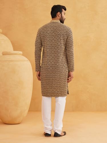 Image of SOJANYA (Since 1958 Men's Cotton Gold Embroidered Sequinned Kurta With white churidar Pyjama