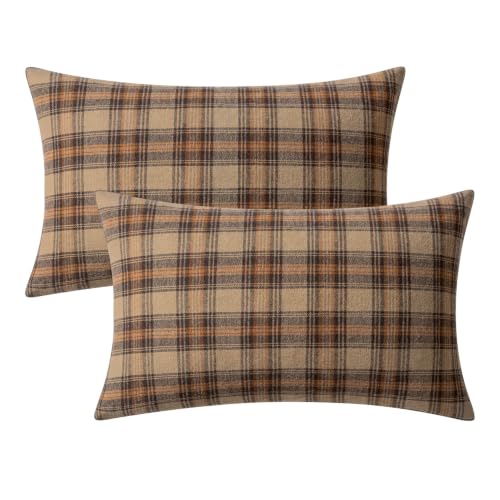 Image of MIULEE Fall Plaid Pillow Covers Scottish Tartan 12x20 Camel Brown | Set of 2 Fall Decorations Lumbar Cushion Covers, Farmhouse Winter Home Decor, for Thanksgiving Sofa Couch Bed Living Room