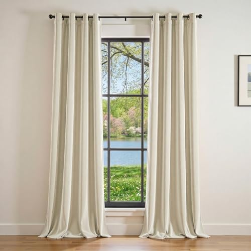 Image of Beige Velvet Curtains Neutral Grommet 52x96 Inch 2 Panels | Room Darkening, For Bedroom & Living Space, Light Shifting Texture, Elegant Drape, Cozy Ambiance, Smooth Glide