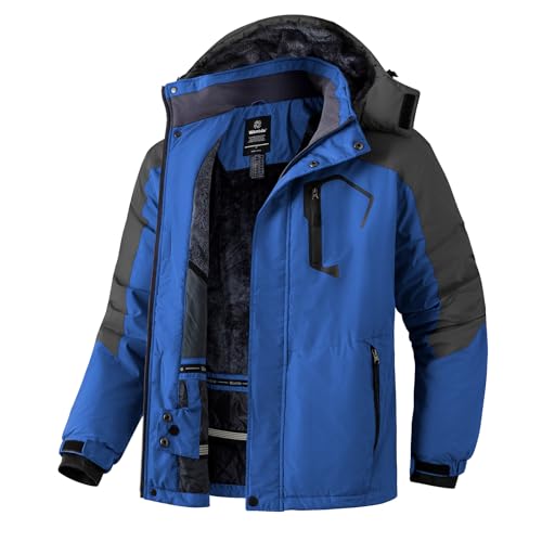 Wantdo Chaqueta de Esquí de Montaña para Hombre Abrigo de Invierno Impermeable con Capucha Cazadora de Snowboard Cálida Chaqueta al Aire Libre Antiviento Hombres Gris Oscuro y Azul-N M