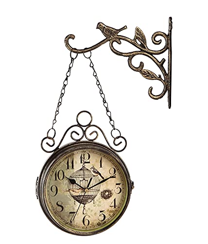 CKKNILV Retro Metal Double Sided Wall Clock Silent Double Sided Station Clock Battery Operated Decorative Hanging Clock for Indoor Outdoor and Courtyard Garden