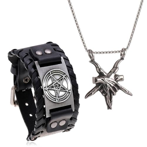 2Pcs Gothic Inverted Pentagram Jewelry, Satanic Leather Cuff Bracelet & Demon Baphomet Pendant Necklace, Satan Goat Head Jewelry Gift for Men