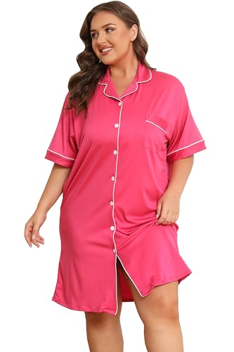 Image of Vozanet Women Button Down Nightgown Plus Size Nursing Nightshirt Boyfriend Nighty Bridal Sleepdress with Pockets XL-5XL