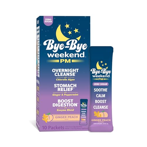 Bye-Bye Weekend PM - Overnight Recovery Drink, Stomach Relief, Digestion Boost, Full-Body Cleanse - with Ginger, Peppermint, Enzymes, & Chlorella - Ginger Peach Drink Packets