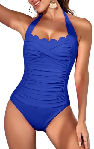 Image of Eomenie Women One Piece Tummy Control Swimsuit Halter Scallop Trim Bathing Suits 1 Piece Vintage Ruched Slimming Swimwear