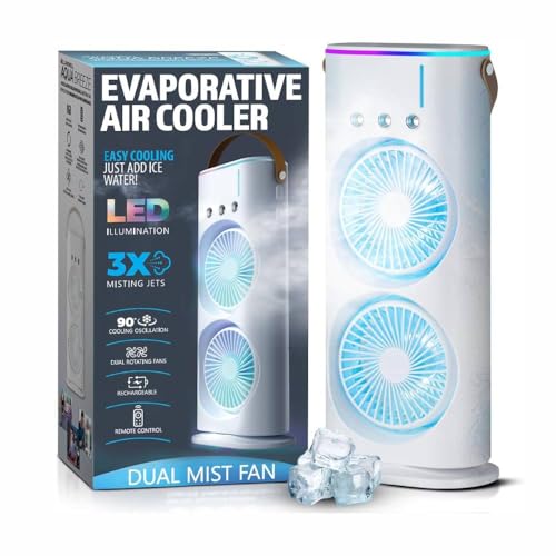 Image of Drumstone (𝗡𝗲𝘄 𝗘𝗱𝗶𝘁𝗶𝗼𝗻 + 𝟱-𝗬𝗿 𝗪𝗮𝗿𝗿𝗮𝗻𝘁𝘆 4000mAh Double Spray Mist Fan with LED Light - USB Rechargeable Mini Air Cooler - 3 Speeds & 3 Spray Modes - Remote Control & 280ml Tank