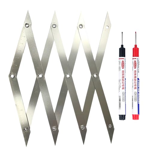 4 Puntos Buscador de Centro Juego para Mediciones Precisas, Regla de Medición Equidistante de Acero para Resortes, con 2 Rotulador Bolígrafo, para Soldadura y Carpintería (Plateado)