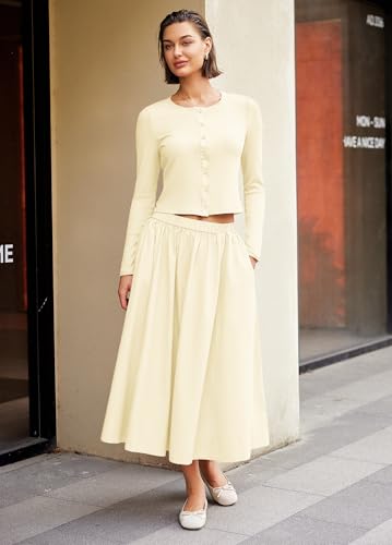 Image of Panadila Womens 2 Piece Lounge Sets Matching Vacation Outfits Ribbed Button Down Cardigan and Elastic Waist Skirt Sets