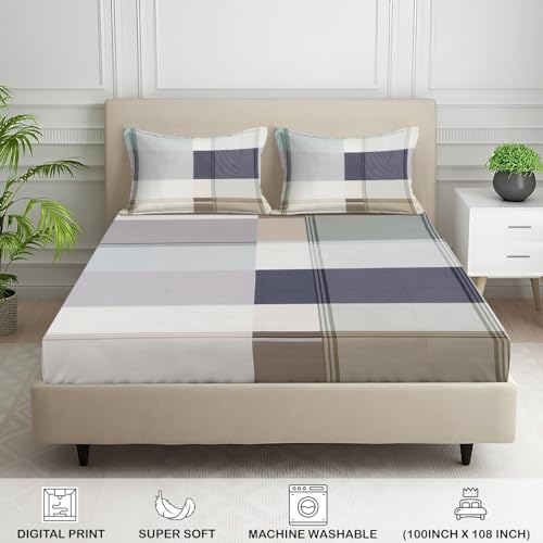 Image of Signature Digital Print Geometric Designs Super King Size Bedsheet - 108 x 108 inches | 100% Cotton-Feel Soft Fabric | Fade-Resistant Colors | 2 Matching Pillow Covers (Urban Regent)