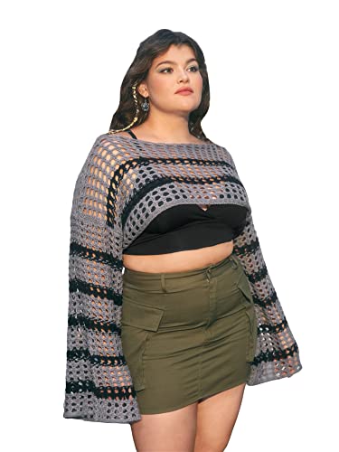 Image of WDIRARA Women's Plus Size Striped Hollow Out Drop Shoulder Boat Neck Long Sleeve Crop Sweater