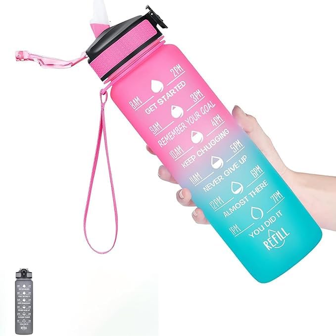 1L Water Bottle with Straw and Time Marker, BPA Free Leakproof Sports Water Bottle with Carry Handle, Reusable Drinking Bottle for Gym, Fitness, Cycling, School, Office and Outdoor, Pink Blue