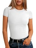 ANRABESS Women Short Sleeve Tops Summer 2026 Double Lined Crewneck T Shirt Basic Tight Workout Tee Y2k Clothes Off-White Small