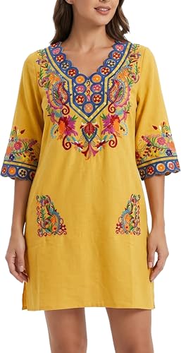 Image of YZXDORWJ Women Embroidered Mexican V Neck Floral Dress Long Sleeve Floral Traditional Bohemian Dress