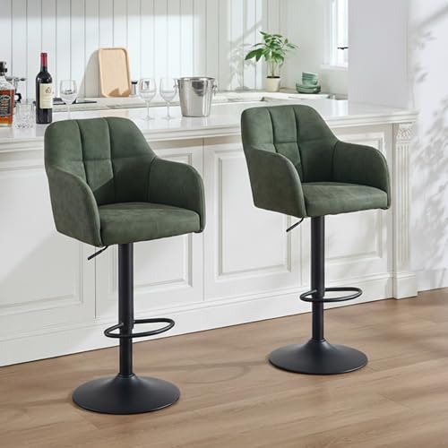 Butacos giratorios ajustables, juego de 2 unidades, taburetes de cuero sintético para barra alta con reposabrazos, sillas modernas tapizadas para isla de cocina / bar en casa / comedor, color verde