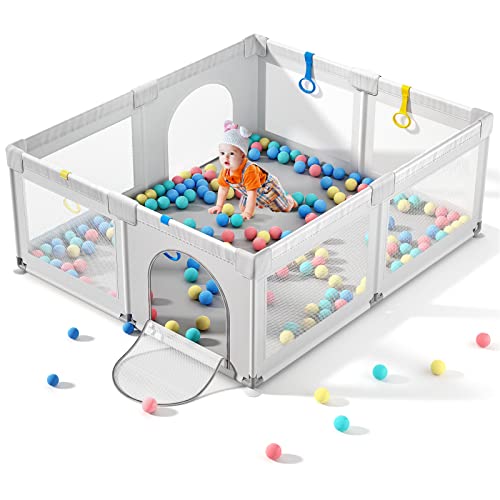 Image of Baby Playpen,Playpens for Baby Anti-Fall Playpen, Large Playpen for Toddlers, Cherrysea Kids Safety Play Center Yard with Gate Sturdy Baby Fence Play Area with 4 Pull Rings and 30Pcs Ocean Ball