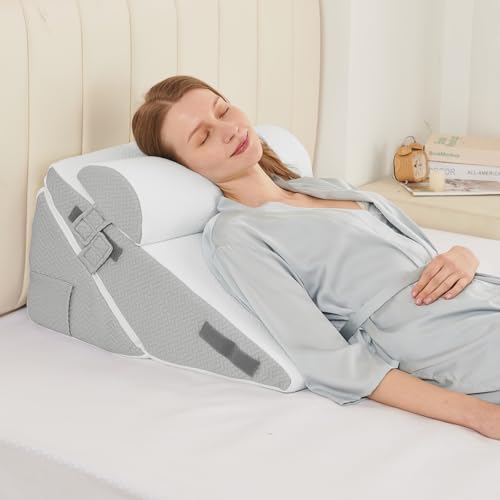 Image of Sasttie Wedge Pillow Set for After Surgery, 2PCS Adjustable Bed Wedge Pillow Headboard with Memory Foam Neck Cushion - for Acid Reflux, Sleeping, Neck & Back Support, Light Grey & White