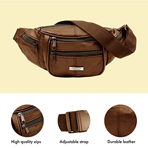 Image of Woodland Leathers Genuine Leather Bum Bag, Waterproof Belt Bag and Bumbags for Women and Men Waist Bag as Travel Holiday Money Belt, Dog Walking Fashion Bum Bag and Running Fanny Pack, Brown 1, L,