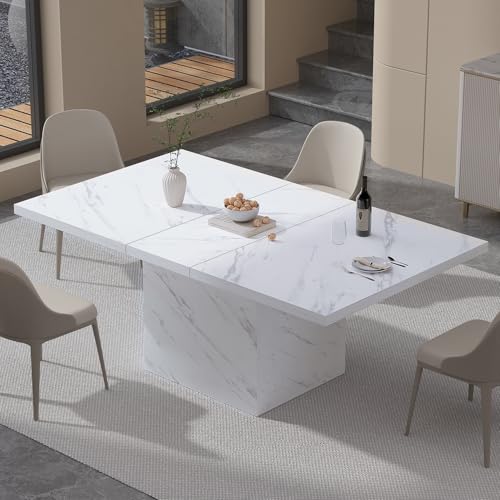 Image of HSH 55 inch White Faux Marble Dining Table for 4, Rectangle Dining Room Table | Modern Kitchen Table with a Heavy-Duty Pedestal Base, Seats 4, Ideal For Meals, Work and Gatherings, Table Only